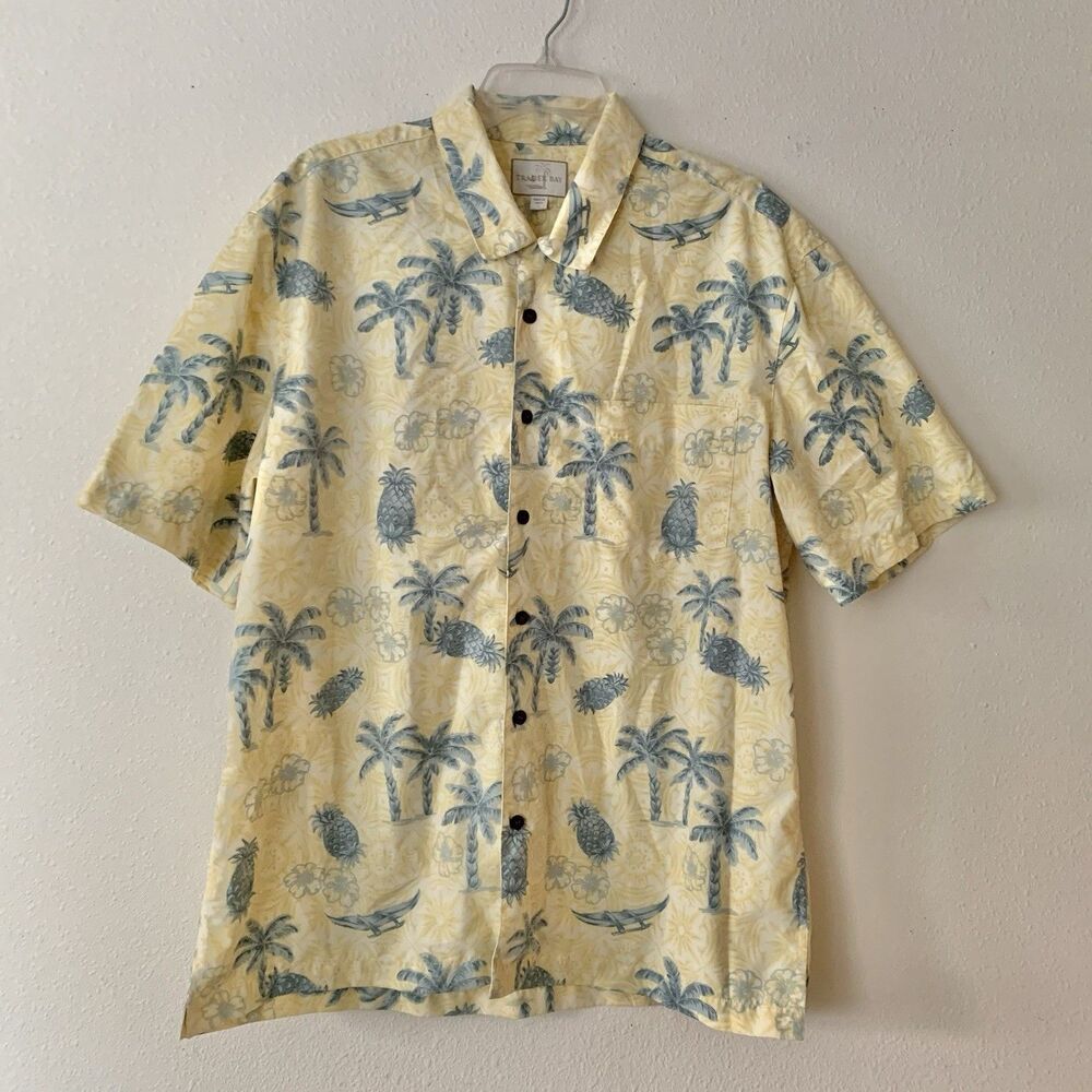 Trader Bay Mens Yellow Blue Tropical Button Up Short Sleeve Hawaiian Shirt Large